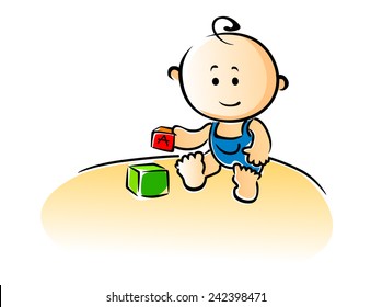 Cute cartoon baby sitting on the floor playing with building blocks, vector illustration