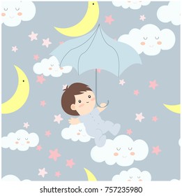 Cute cartoon baby in the sky,birthday or baby shower theme,kid and cloud,warm and satisfied character, happy seamless pattern by hand draw doodle comic style,illustration vector design