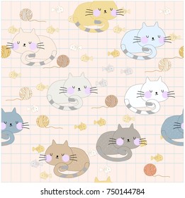 Cute cartoon baby sleeping cat kitty kitten character dreaming and satisfied, happy seamless pattern by hand draw doodle comic style,lovely animal set vector design