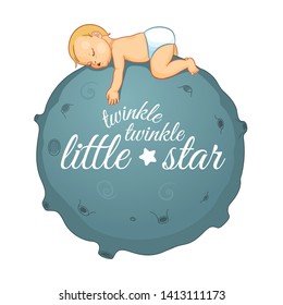 Cute cartoon baby sleeping on the moon. Motivation card. Typography poster. Cartoon character illustration for kids game, book, t-shirt, card, print, poster and decoration. Vector clipart