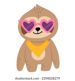 Cute cartoon baby sloth in heart shaped sunglasses smiling. Isolated vector illustration for childrens book.