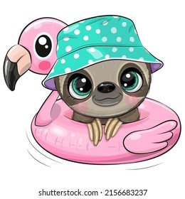 Cute cartoon Baby Sloth in panama hat swimming on pool ring inflatable flamingo