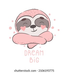 Cute cartoon baby sloth is sleeping. Great kids print for clothes or room, for cover and poster, collage. Vector.