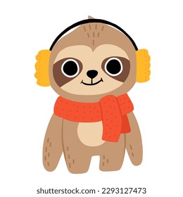 Cute cartoon baby sloth with warm earmuffs and scarf smiling. Isolated winter vector illustration for childrens book.