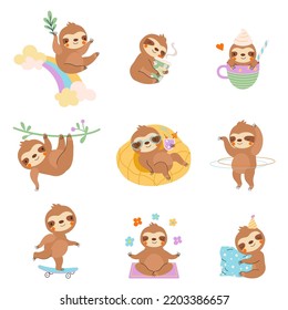 Cute cartoon baby sloths. Wild sloth with coffee, swim, drink cocktail or sleep. Fun animal relax, ride on rainbow. Wild lazy nowaday childish vector characters