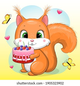 Cute cartoon baby squirrel with a birthday cake. Vector animal illustration with hearts and butterflies.