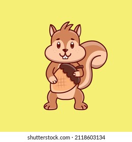 Cute cartoon baby squirrel with a nut in vector illustration. Isolated animal vector. Flat cartoon style