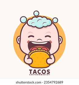 cute cartoon baby with tacos. vector illustrations with outline style, suitable for, logo brand, stickers, icons, etc.