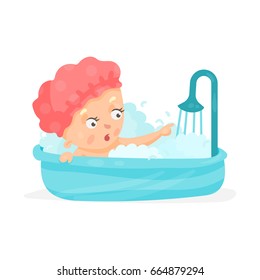 Cute cartoon baby taking a shower, bathing colorful character vector Illustration