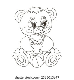 Cute cartoon baby teddy bear with a ball toy. Sketch, outline drawing for a coloring book. Vector