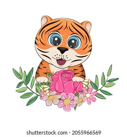 Cute cartoon baby Tiger with beautiful flowers. Tiger is symbol of New year according to the eastern calendar