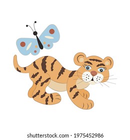 Cute cartoon baby tiger and butterfly. A blue moth flies around a funny kid animal. Happy childhood, carelessness, joy, lightness. Hand-drawn vector, flat style. For illustrations, print, internet.