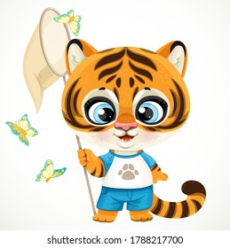 Cute cartoon baby tiger cub holding a butterfly net in its paw surrounded by butterflies isolated on a white background