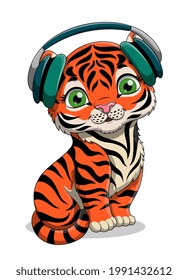 Cute cartoon baby Tiger with headphones isolated on a white background. Flat cartoon vector illustration