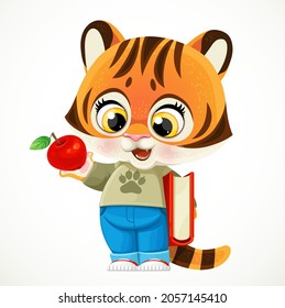 Cute cartoon baby tiger with a textbook and red apple isolated on white background 