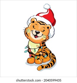 Cute cartoon baby tiger wearing a santa claus hat. Vector illustration isolated. T-shirt design. Concept christmas, chinese new year, symbol of 2022