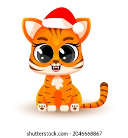 Cute cartoon baby tiger wearing a santa claus hat. Vector illustration isolated on white background. Concept christmas, chinese new year, symbol of 2022. Fashion sticker. Christmas card.