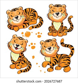 Cute cartoon baby tigers set. Vector illustration isolated. T-shirt design. Concept christmas, chinese new year, symbol of 2022