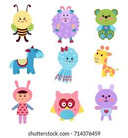 Cute cartoon baby toys and animals set of colorful vector Illustrations