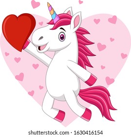 Cute cartoon baby unicorn holding heart