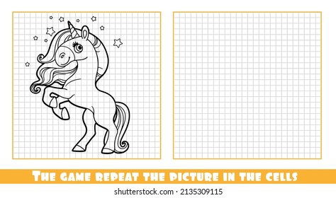 Cute cartoon baby unicorn linear drawing the game repeat the picture in the cells