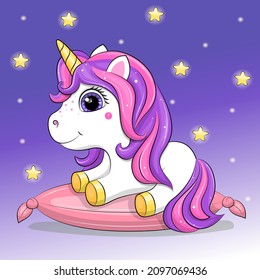 Cute cartoon baby unicorn on a pink pillow. Night animal vector illustration on blue background with stars.