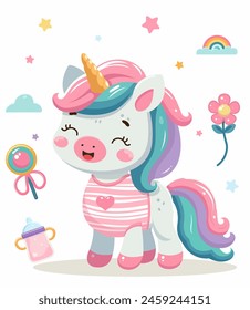 Cute cartoon baby unicorn with pacifier and bottle, pastel colors, on a whimsical background, concept of innocence. Vector illustration