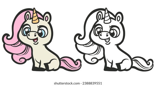 Cute caricatura del bebé unicornio sentada en la página de color de las patas traseras