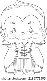 Cute cartoon baby vampire character skecth template. Halloween vector illustration in black and white for games, background, pattern, wallpaper, decor. Coloring paper, page, story book, print