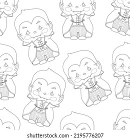 Cute cartoon baby vampire character seamless pattern template. Halloween vector illustration in black and white for game, background, pattern, wallpaper, decor. Coloring paper, page, story book, print