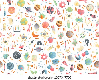 Cute cartoon back to school and college fun seamless pattern with colored school supplies. Science test tubes, books, physics, chemical and astronomy objects on colored school seamless pattern