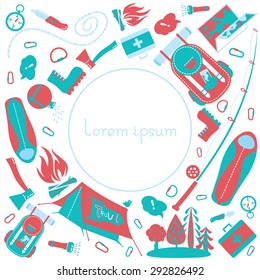 Cute cartoon background with flat icons of equipment for hiking, fishing, camping, outdoor and recreation activity. Modern vector symbols and icons. Travel and tourism poster with empty space for text
