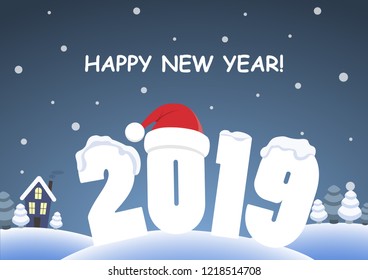 Cute cartoon background - Happy New Year. Christmas greeting against a winter night landscape with snow-covered huge numbers 2019, village and Santa Claus hat with snow.