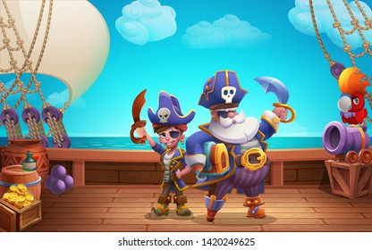 Cute cartoon background - pirate and pirate boy on the ship deck. Vector illustration.