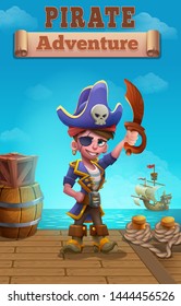 Cute cartoon background - pirate boy with wooden saber on the sea pier and pirate ship. Vector illustration.