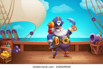 Cute cartoon background - pirate with treasure chest, parrot and steel saber on the ship deck. Vector illustration.