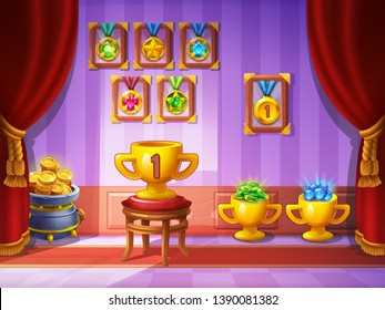 Cute cartoon background - room with red curtains and golden awards. Window victory with cup. Vector illustration.