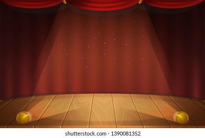Cute cartoon background - scene with red curtains. Vector illustration.