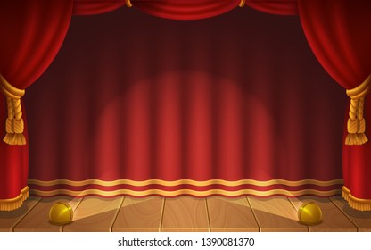 Cute cartoon background - scene with red curtains. Vector illustration.