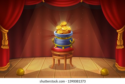 Cute cartoon background - scene with red curtains. Window victory with golden coins in pot. Vector illustration.