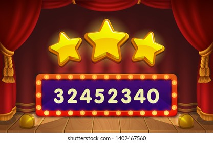 Cute cartoon background - scene with red curtains. Receiving the stars achievement game screen. Vector illustration.