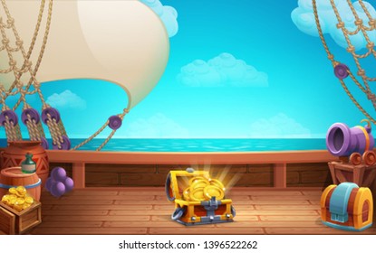 Cute cartoon background - treasure chest with golden coins on the ship deck. Vector illustration.