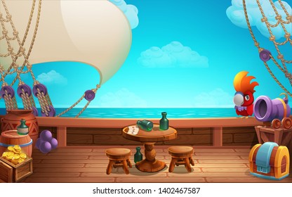 Cute cartoon background - treasure chest and parrot on the ship deck. Vector illustration.