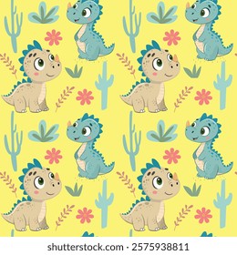 Cute cartoon background of two dinosaur, Animal seamless background, cute vector texture for kids bedding, fabric, wallpaper, wrapping paper, textile