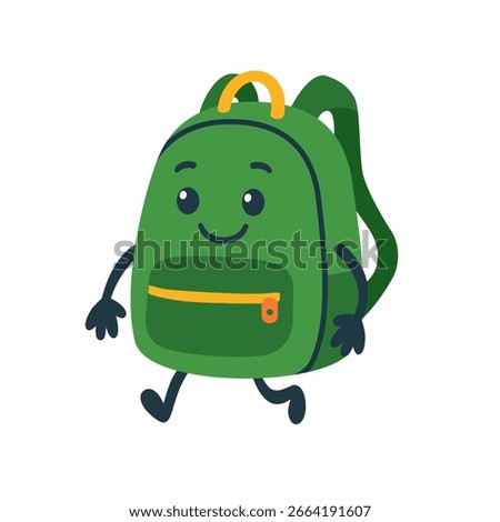 Cute cartoon backpack character, flat vector illustration