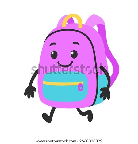 Cute cartoon backpack character, flat vector illustration