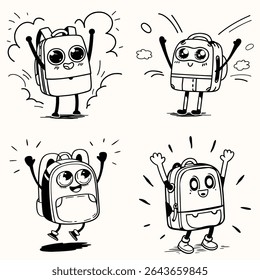 Carácter lindo de la mochila de la historieta con la cara feliz – ilustración del bosquejo del arte de la línea blanca y negra
