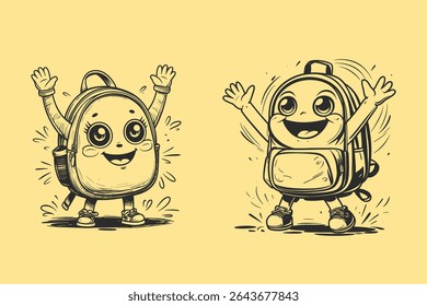 Cute Cartoon Backpack Character with Happy Face – Black and White Line Art Sketch Illustration