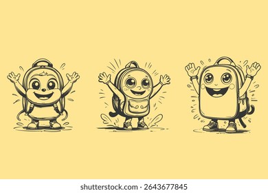 Cute Cartoon Backpack Character with Happy Face – Black and White Line Art Sketch Illustration