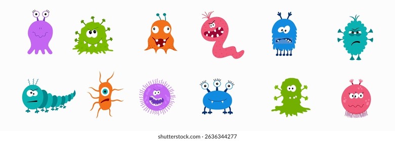 Cute cartoon bacteria, virus, germ or alien emoticon character set. Mucus or slime. Kids toy Halloween scary monsters icons. Eyes, teeth, hands and legs. Flat design. Bacterial infection vector.